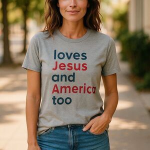 Loves Jesus and America Too Patriotic Christian Graphic Tee Gray M